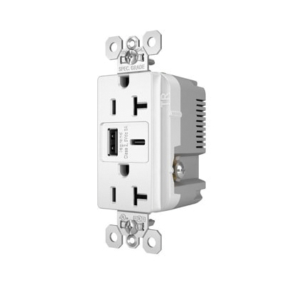 Radiant Duplex Receptacle, Pass & Seymour, 2-Pole, 6/20 A, 125 V, Type C USB, NEMA: 5-20R, White - 2
