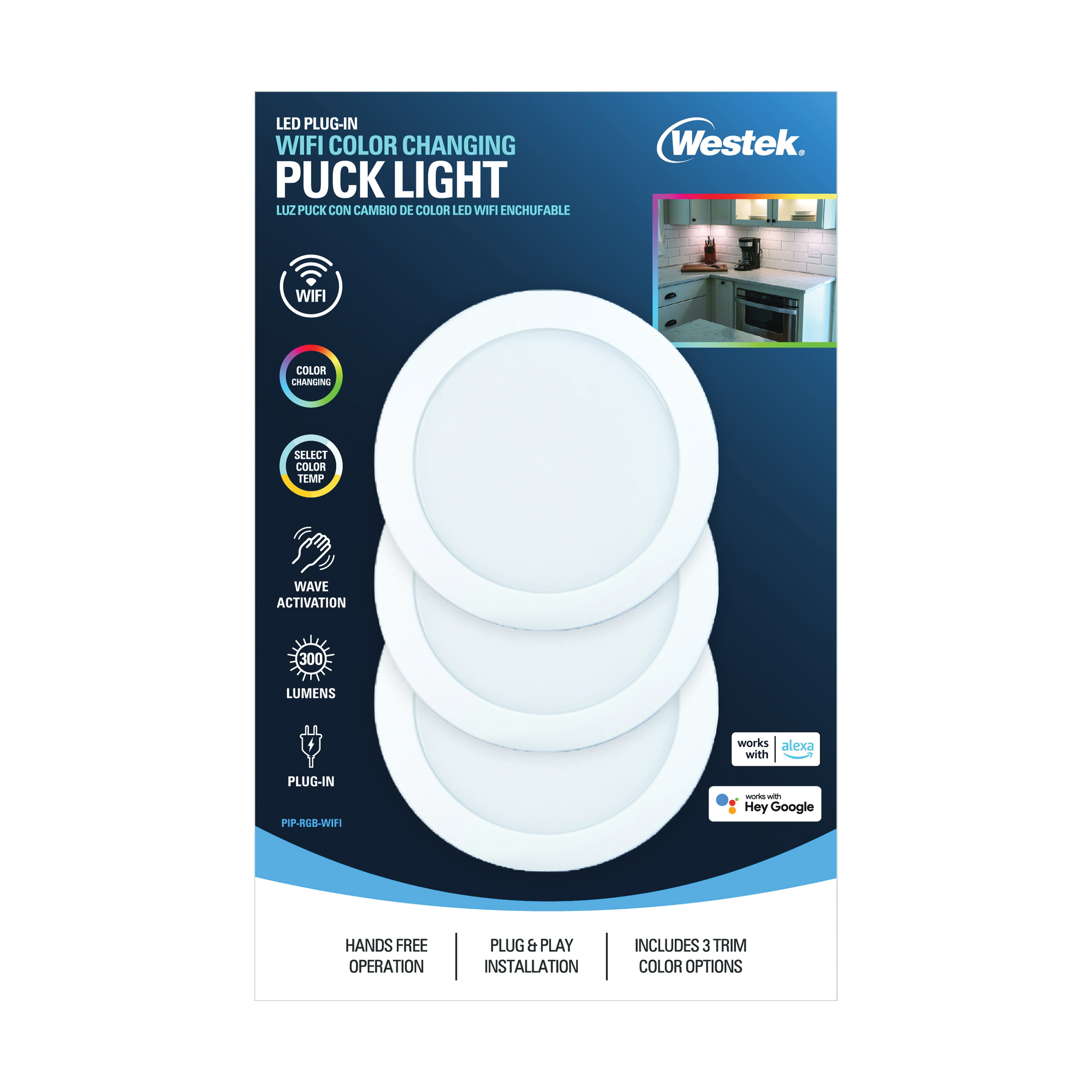 PIP-RGB-WIFI WiFi and Motion Controlled Puck Light, 120 V, 3.5 W, 3-Lamp, LED Lamp, 300 Lumens