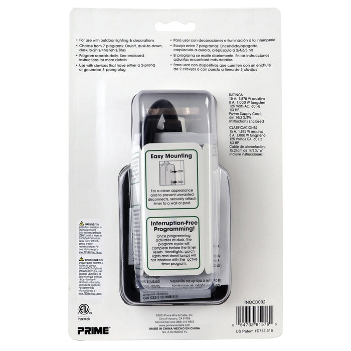 Outdoor Countdown Timer with Photosensor, Prime, 15 A, 125 V, 1875 W, 2-Outlet, 7 On/Off Cycle, Black - 5