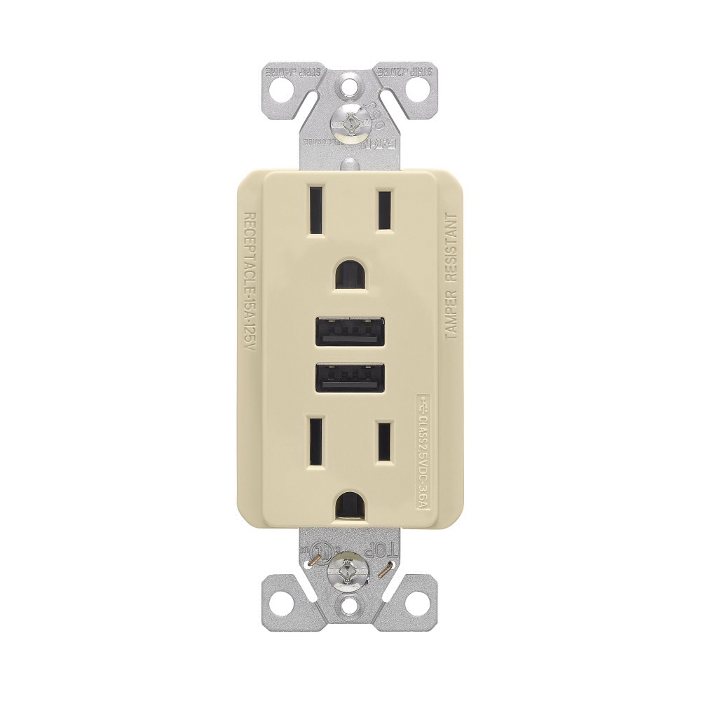 TR7765V-KB-L USB Charger with Duplex Receptacle, 2-Pole, 15 A, 125 V, 2-USB Port, Combination USB, Ivory