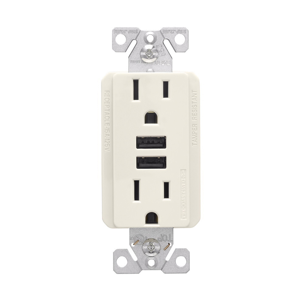 TR7765LA-KB-L USB Charger with Duplex Receptacle, Type A/C, 2-Pole, 15 A, 125 V, NEMA 5-15R, Light Almond