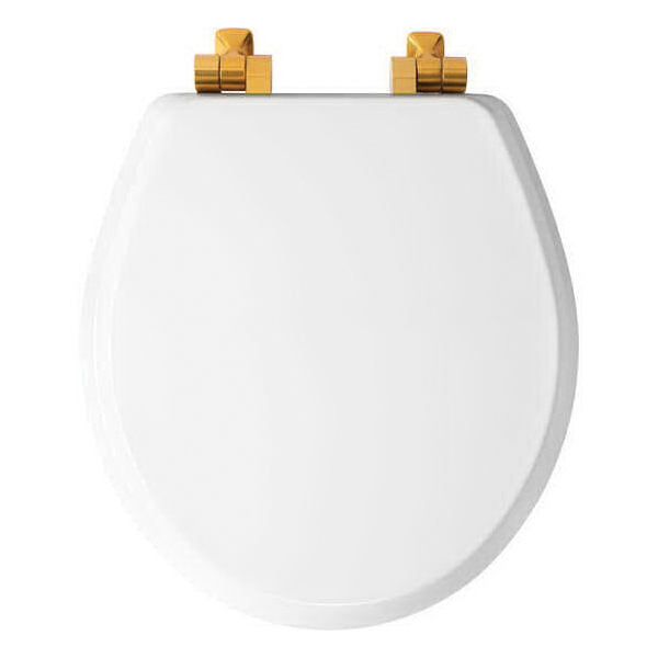 Benton Toilet Seat, Bemis, Round, Enameled Wood/Metal, White, Slow Close Brushed Gold Hinges - 2