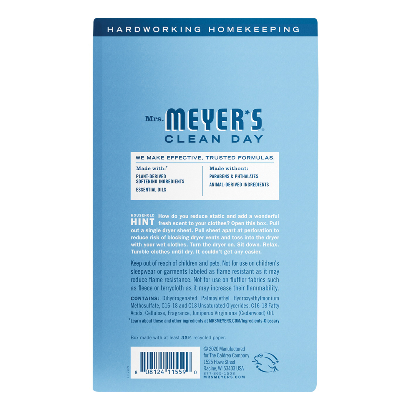 Clean Day Dryer Sheet, Mrs. Meyer's, Rain Water, White - 2
