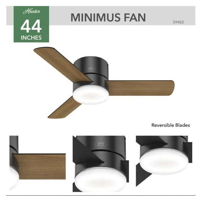 Minimus Low Profile Ceiling Fan, Hunter, with LED & Remote, 44 in Dia, Black - 2