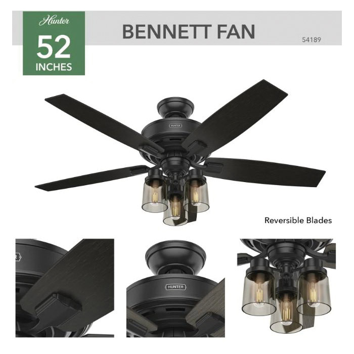 Bennett Indoor Ceiling Fan, Hunter, with Remote, 52 in Dia, Matte Black - 2