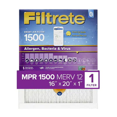 Filtrete 2000-4 Air Filter, 20 in L, 16 in W, 12 MERV, 1500 MPR, For: Air Conditioner, Furnace and HVAC System