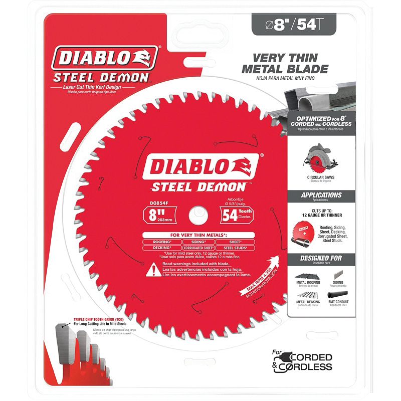 Steel Demon D0854F Saw Blade, 8 in Dia, 5/8 in Arbor, 54-Teeth, Carbide Cutting Edge