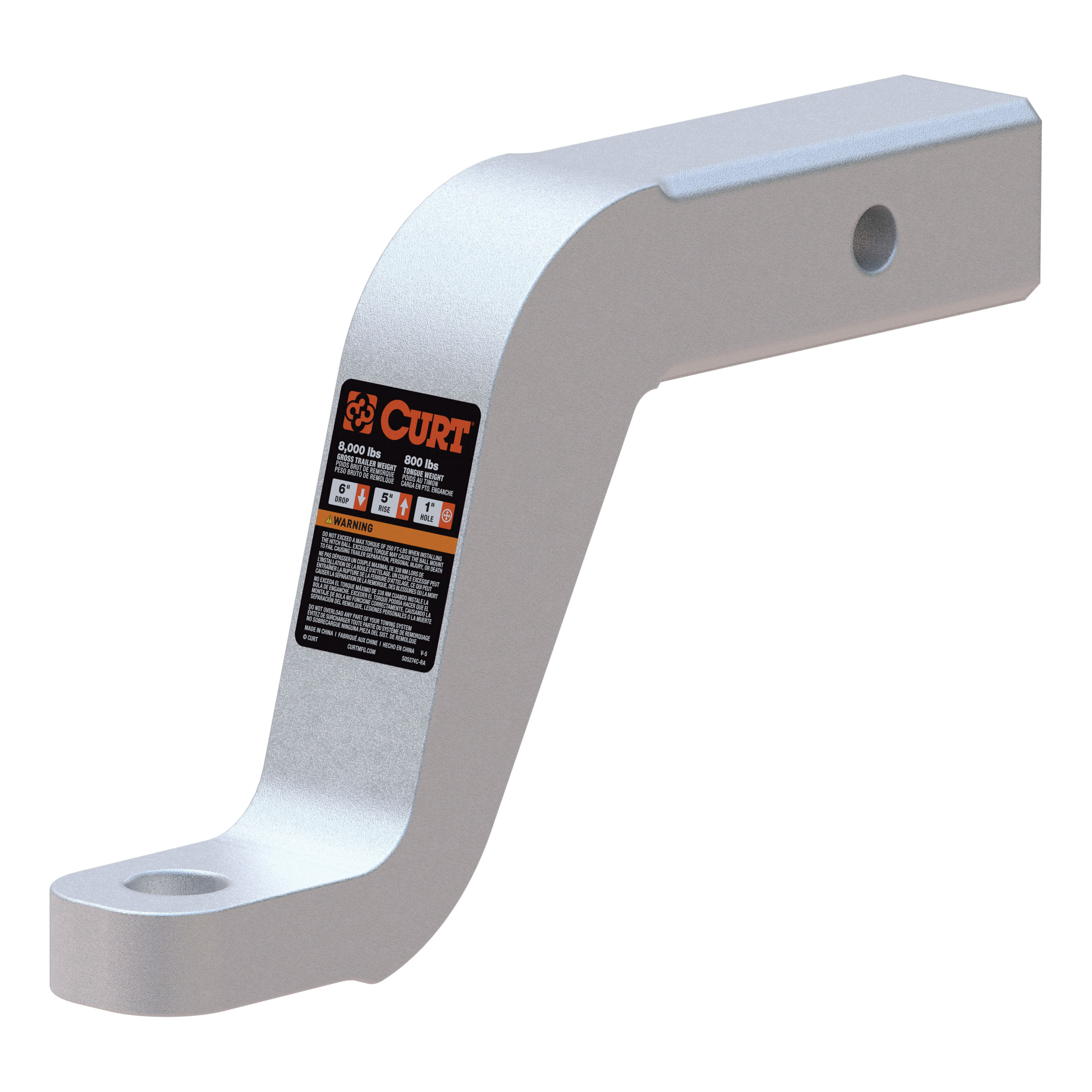 45362 Ball Mount, 8-1/2 in L, 6 in Drop, 5 in Rise, Class 3 Hitch, 1 in Dia Hitch Ball, Aluminum