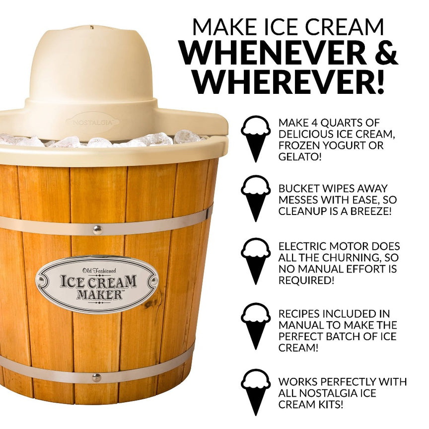 Nostalgia WICM4L Electric Ice Cream Maker, 4 qt, Wood Housing Material
