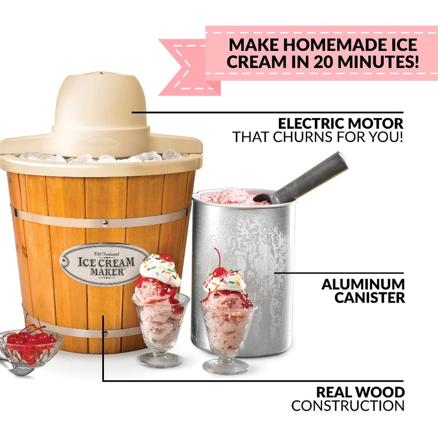 Nostalgia WICM4L Electric Ice Cream Maker, 4 qt, Wood Housing Material