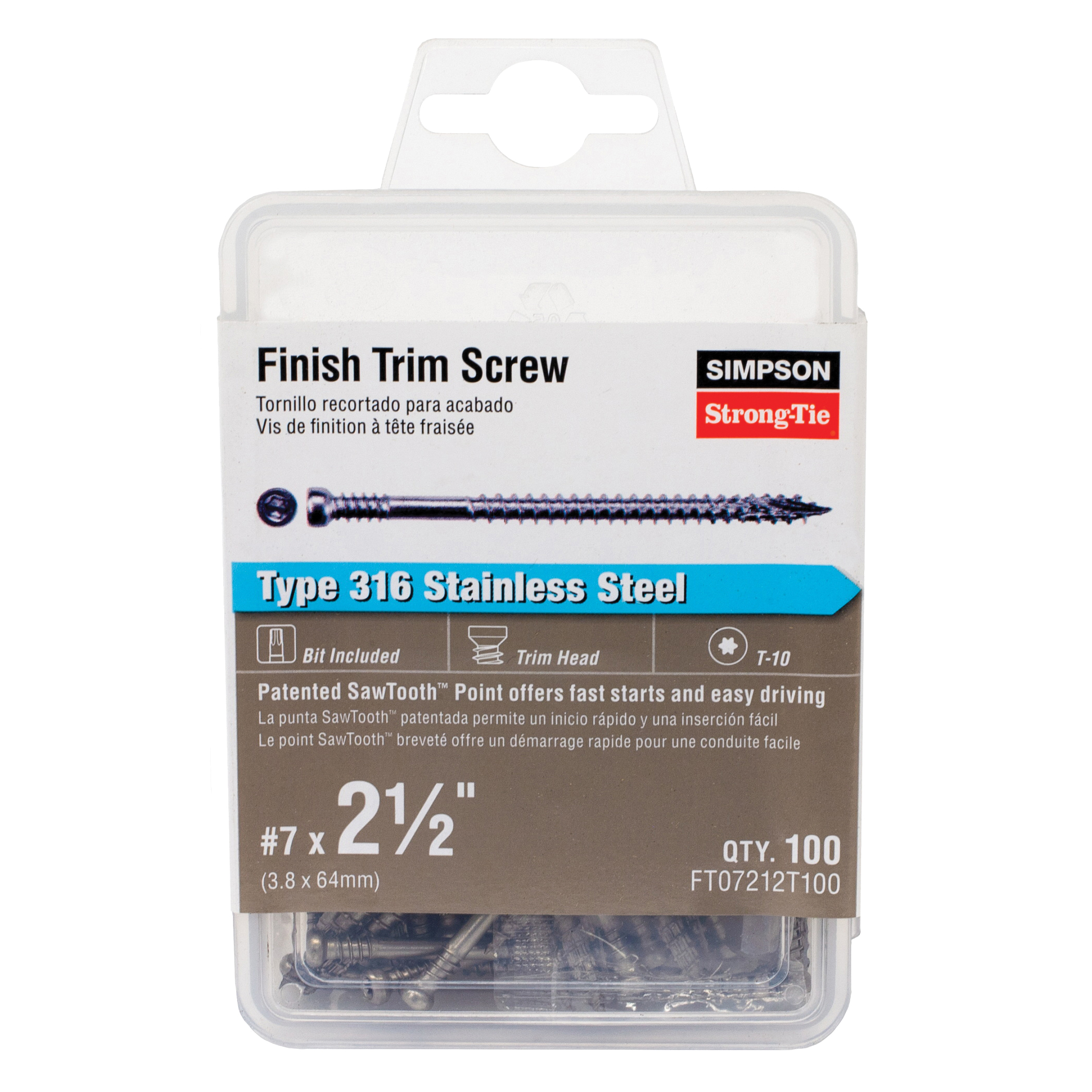 FT07212T100 Screw, #7 Thread, 2-1/2 in L, Serrated Thread, Trim Head, 6-Lobe Drive