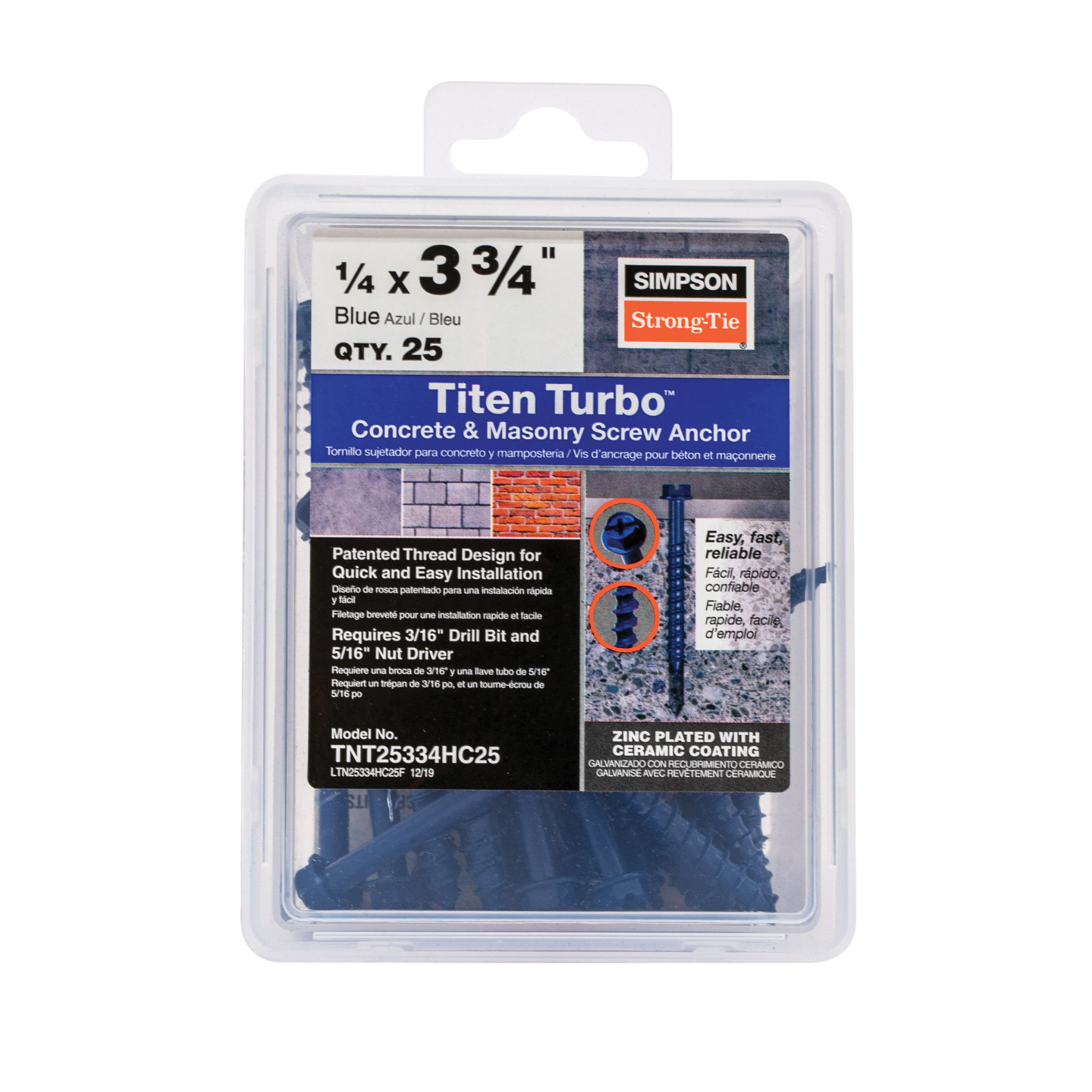 Titen Turbo TNT25334HC25 Screw Anchor, 1/4 in Dia, 3-3/4 in L, Carbon Steel, Ceramic-Coated/Zinc