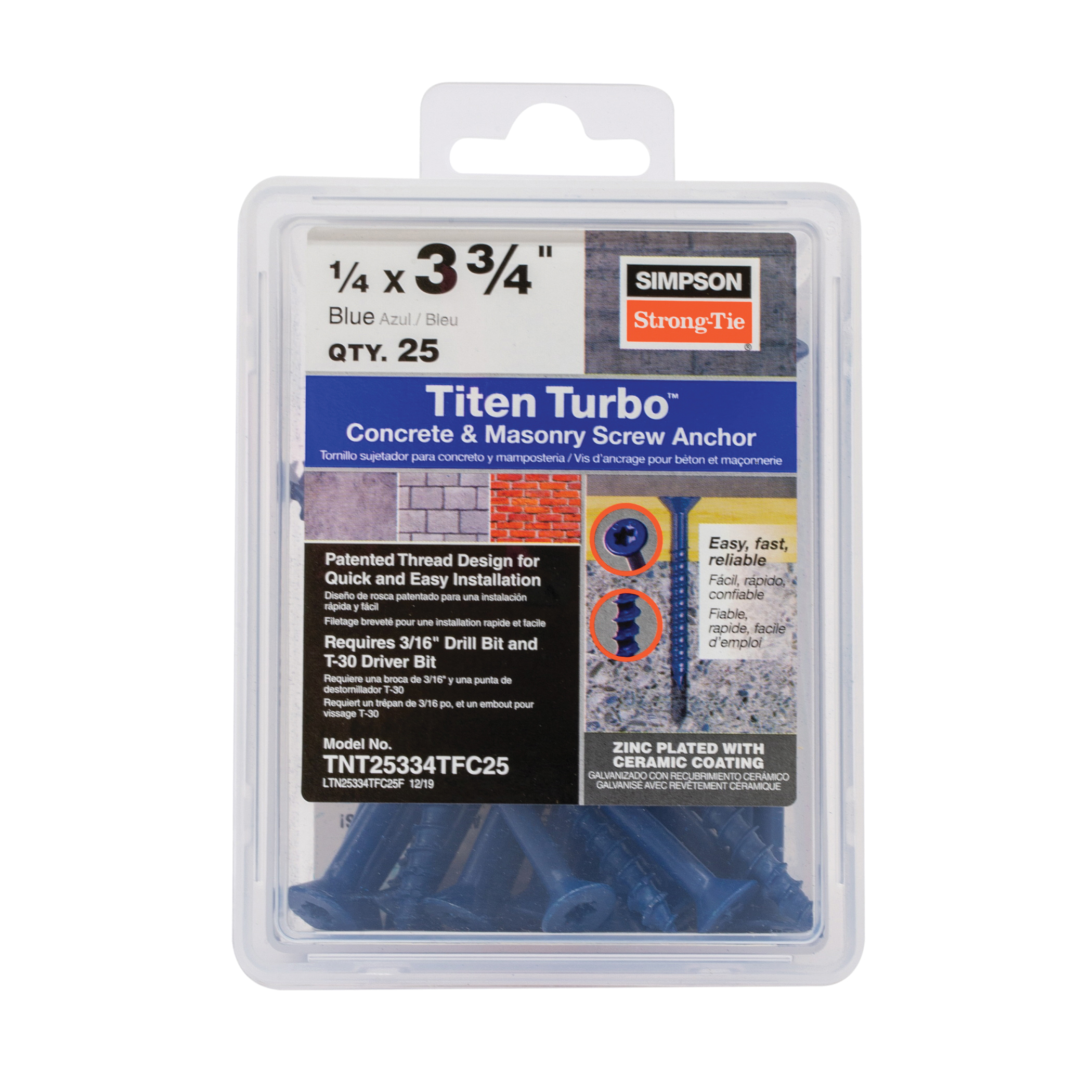 Titen Turbo TNT25334TFC25 Screw Anchor, 1/4 in Dia, 3-3/4 in L, Carbon Steel, Ceramic-Coated/Zinc