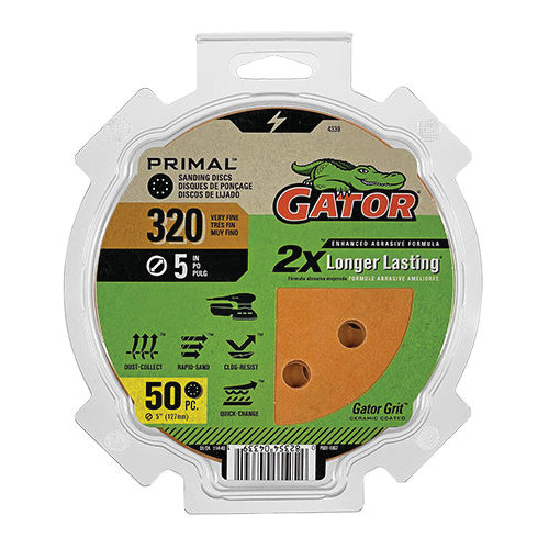 4339 Sanding Disc, 5 in Dia, 320 Grit, Very Fine, Aluminum Oxide Abrasive, Fiber Backing, 8-Hole