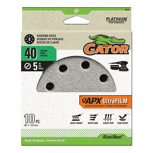 9020 Sanding Disc, 5 in Dia, 40 Grit, Extra Coarse, Aluminum Oxide Abrasive, Film Backing, 8-Hole