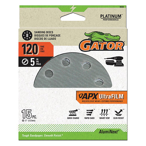 9023 Sanding Disc, 5 in Dia, 120 Grit, Fine, Aluminum Oxide Abrasive, Film Backing, 8-Hole