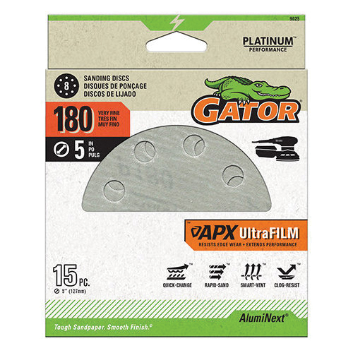9025 Sanding Disc, 5 in Dia, 220 Grit, Extra Fine, Aluminum Oxide Abrasive, Film Backing, 8-Hole