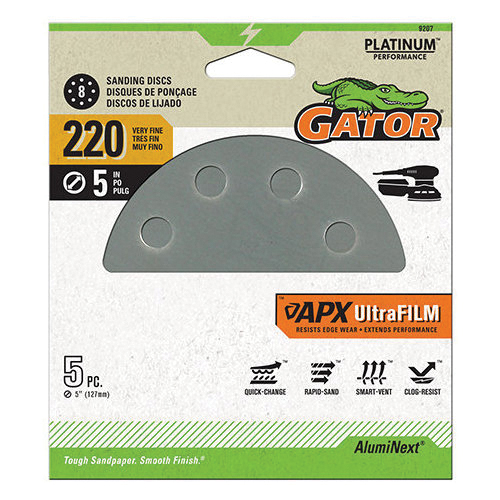 9207 Sanding Disc, 5 in Dia, 220 Grit, Fine, Ceramic Alumina Abrasive, Ultra Film Backing, 8-Hole