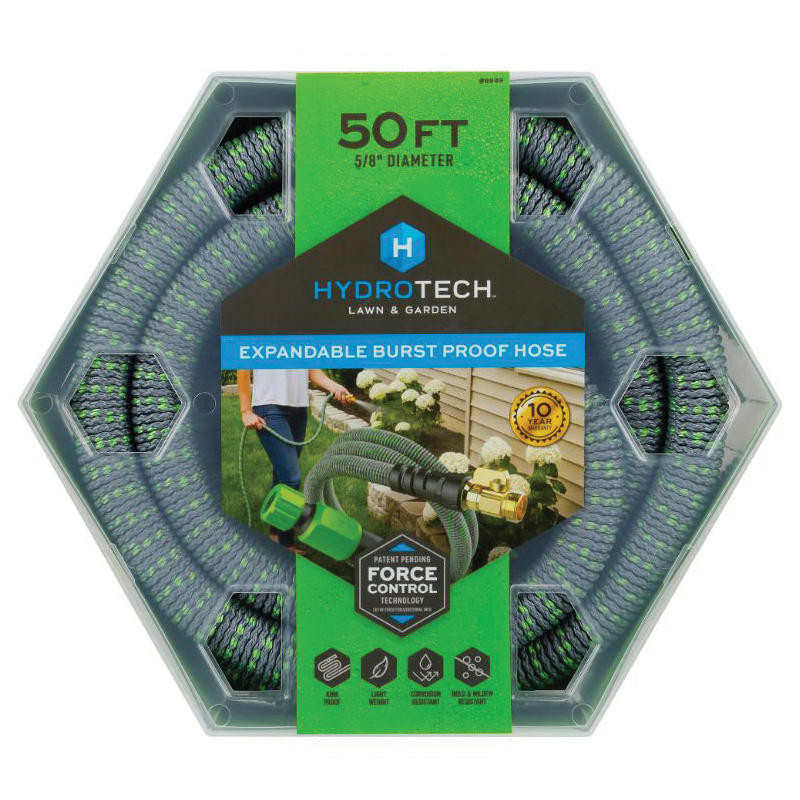 Expandable Hose, HydroTech, 3/4 in, 50 ft L, Spigot, Brass/Latex/Nylon/Polyester, Green - 2