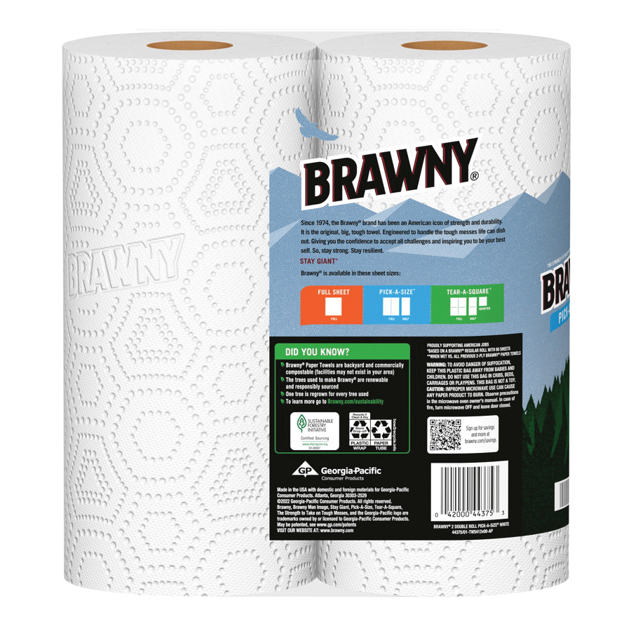 Brawny Pick-A-Size 44375 Paper Towel, 5-1/2 in L, 11 in W, 2-Ply, White, 2/PK - 3
