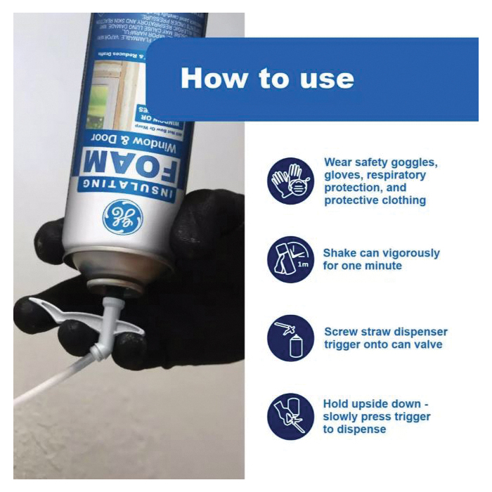 GE 2744170 Window & Door Foam, Pale Yellow, 24 hr Functional Cure, 41 to 86 deg F, 12 fl-oz Aerosol Can - 3