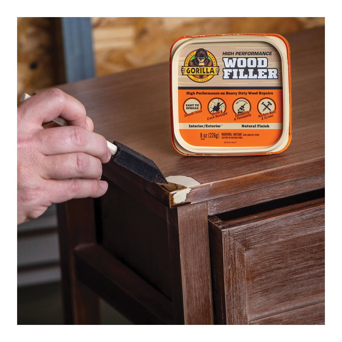 Gorilla 107103 Wood Filler, Liquid Paste, Odorless to Mild, Tan, 16 oz Tub
