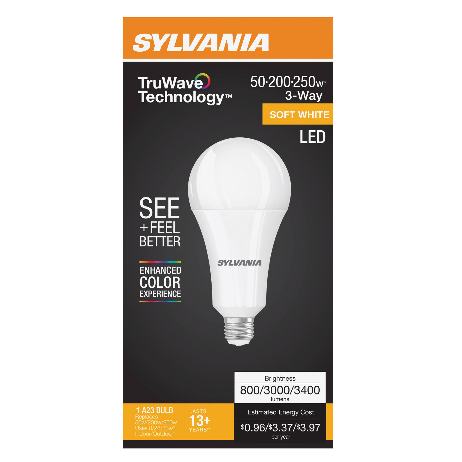 Sylvania 41929 LED Bulb, 3-Way, A23 Lamp, Soft White Light