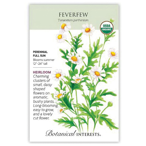 Botanical Interests 1346 Flower Seed, Feverfew, Tanacetum Parthenium, Summer to Frost Bloom, White/Yellow Bloom, 200 mg
