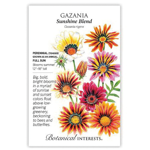 Botanical Interests 1335 Flower Seed, Sunshine Blend Gazania, Gazania Rigens, Summer to Frost Bloom, 250 mg