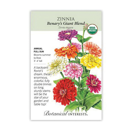 Botanical Interests 7507 Flower Seed, Benary's Giant Blend Zinnia, Zinnia Elegans, Summer to Frost Bloom, 1.5 mg