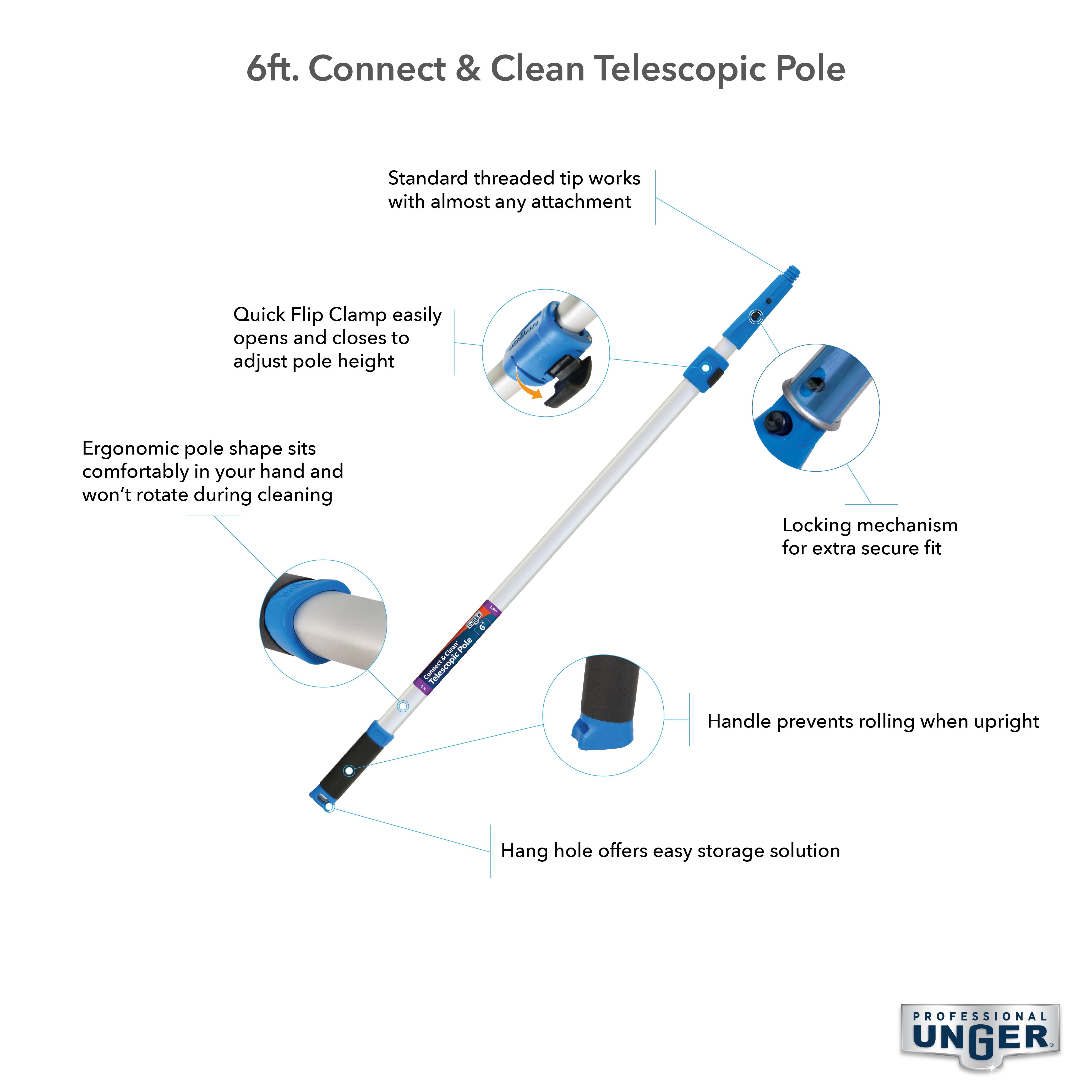 Professional Unger 972920 Telescopic Pole with Connect and Clean Locking Cone and Quick-Flip Clamps, 3 ft Min Pole L - 2