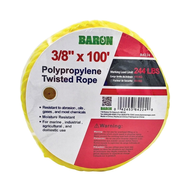 84224 Rope, 3/8 in Dia, 100 ft L, 244 lb Working Load, Polypropylene, Yellow