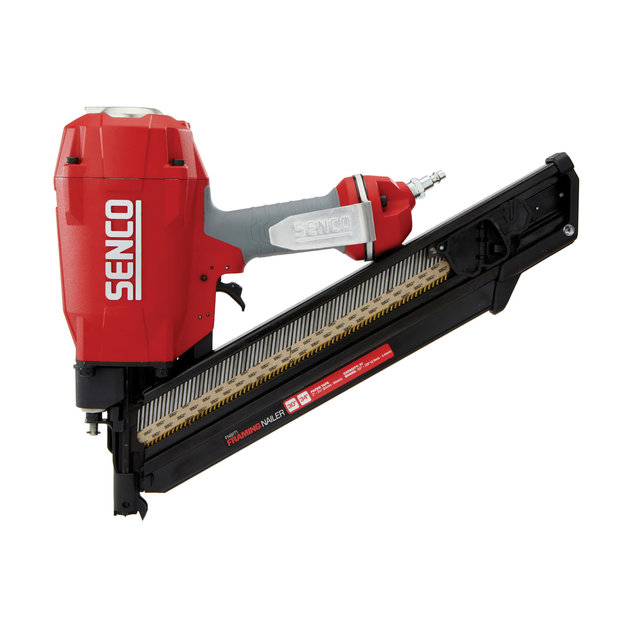 FN91T1 Paper Tape Framing Nailer, 80 Magazine, 34 deg Collation, Angled Strip Collation, 6.7 scfm Air