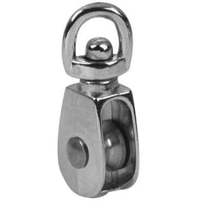 T7655052N Single Sheave Pulley, 3/16 in Rope, 25 lb Working Load, 1/2 in Sheave, Swivel Eye Attachment, Nickel