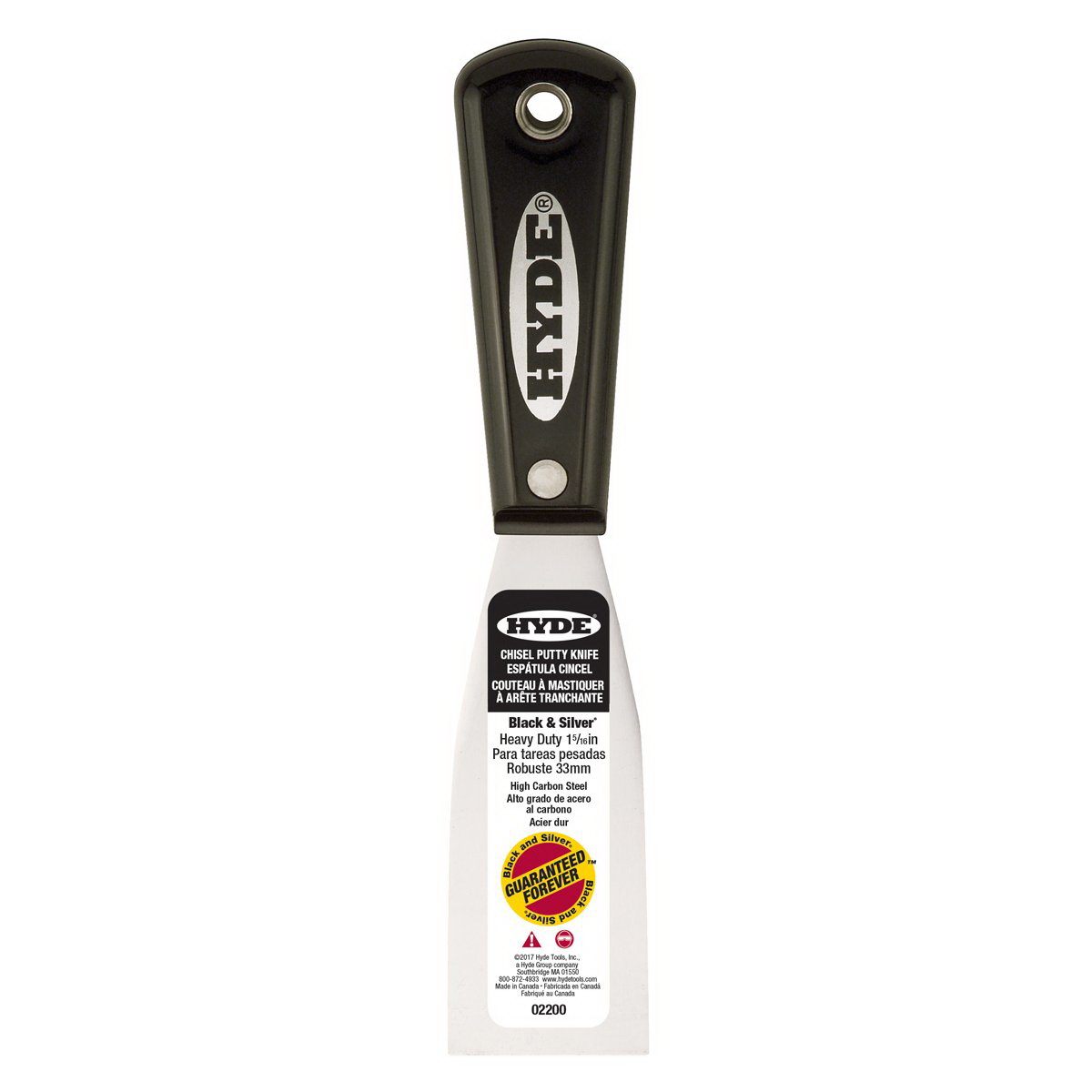 Hyde Black & Silver 02200 Chisel Putty Knife, 1-5/16 in W Blade, High Carbon Steel Blade, Nylon Handle, Round Handle