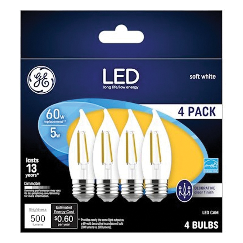 93129342 Decorative LED Light Bulb, Bent Tip, CA11 Lamp, 60 W Equivalent, E26/24 Medium Lamp Base, Dimmable, Clear