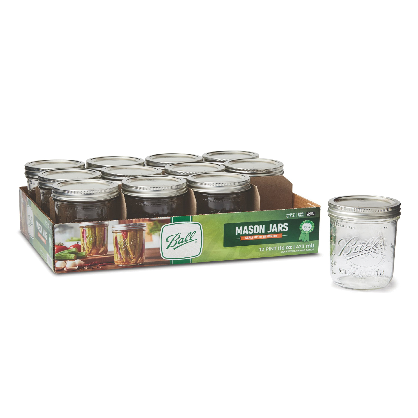 Ball 1440061000 Mason Jar, 16 oz Capacity, Glass