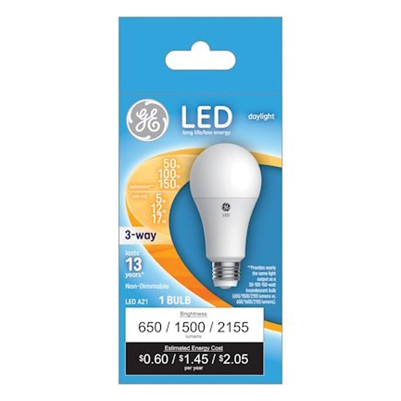 93129882 LED Light Bulb, 3-Way, A21 Lamp, 50, 100, 150 W Equivalent, E26 Medium Lamp Base, White, Daylight Light