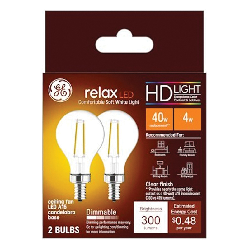 93116152 LED Ceiling Fan Light Bulb, A15 Lamp, 40 W Equivalent, E12 Medium Lamp Base, Dimmable, Clear, Soft White Light