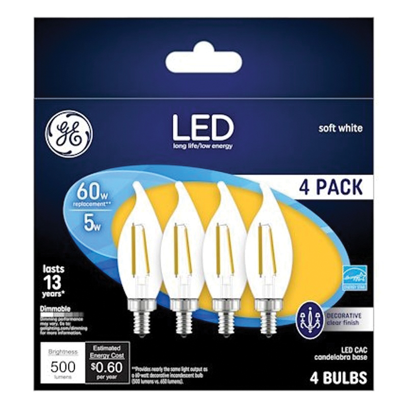 93129333 Decorative LED Light Bulb, Bent Tip, 500 Lumens, 5 W, CAC Lamp, 60 W Equivalent, E12 Candelabra Lamp Base