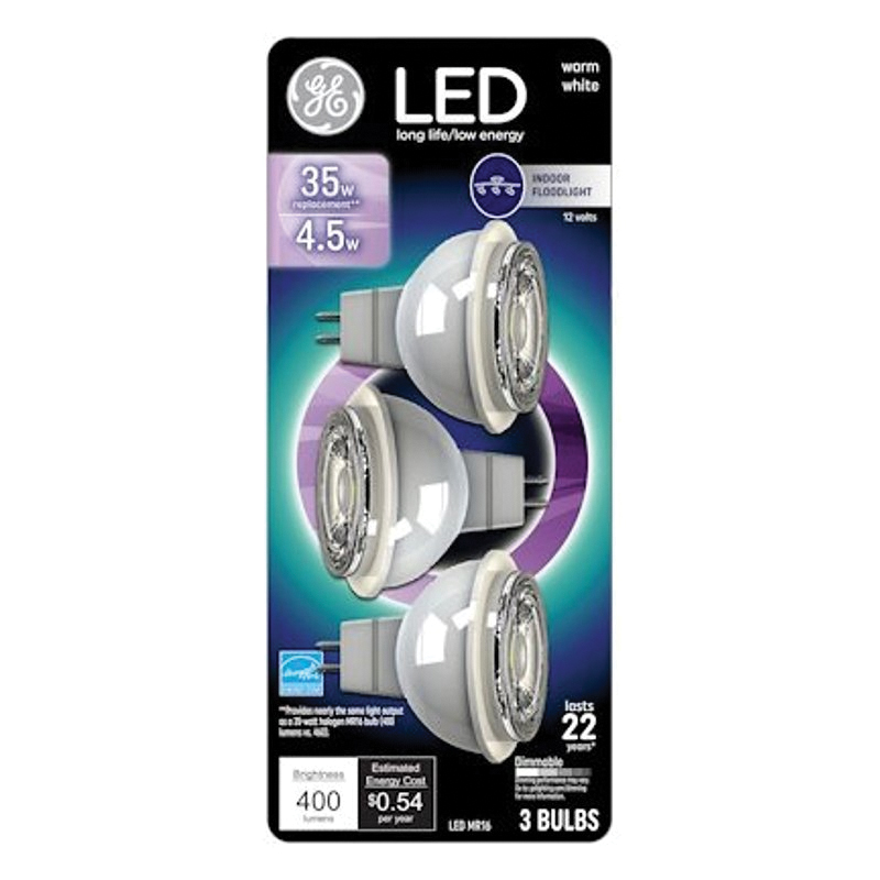 93116243 LED Light Bulb, MR16 Lamp, 35 W Equivalent, GU5.3 Lamp Base, Dimmable, Clear, White Light, 3000 K Color Temp