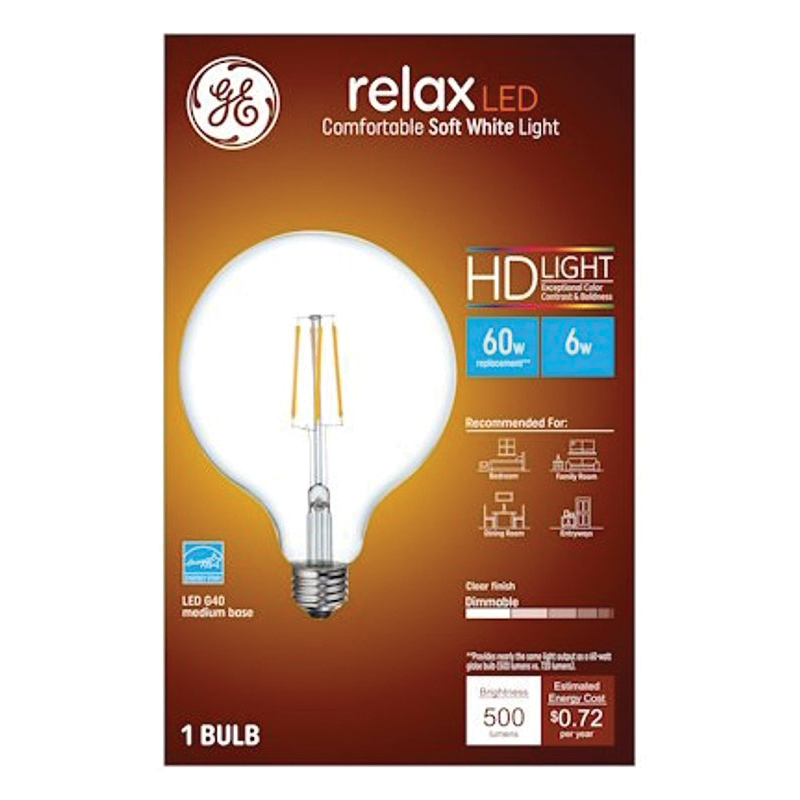 93116239 LED Light Bulb, G40 Lamp, 60 W Equivalent, E26 Medium Lamp Base, Yes, Clear, Soft White Light