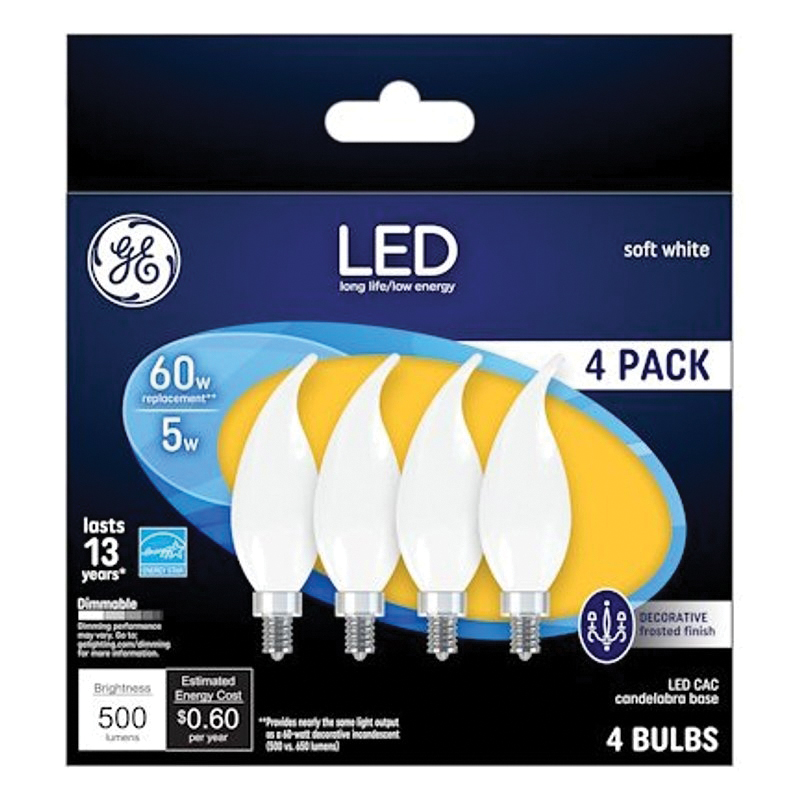93129350 LED Light Bulb, Bent Tip, CA11 Lamp, 60 W Equivalent, E12 Candelabra Lamp Base, Dimmable, Frosted