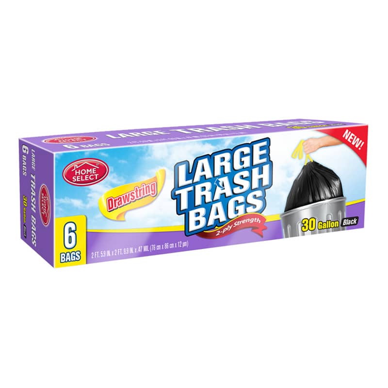 Home Select Trash Bags, 2-Ply Strength, Drawstring, Black, Large, 30 Gallon - 6 bags