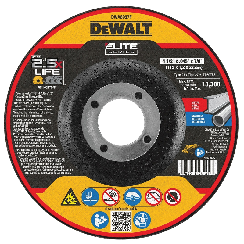 ELITE Series DWA8957F Cutting Wheel, 5 in Dia, 0.04 in Thick, 7/8 in Arbor, Ceramic Abrasive
