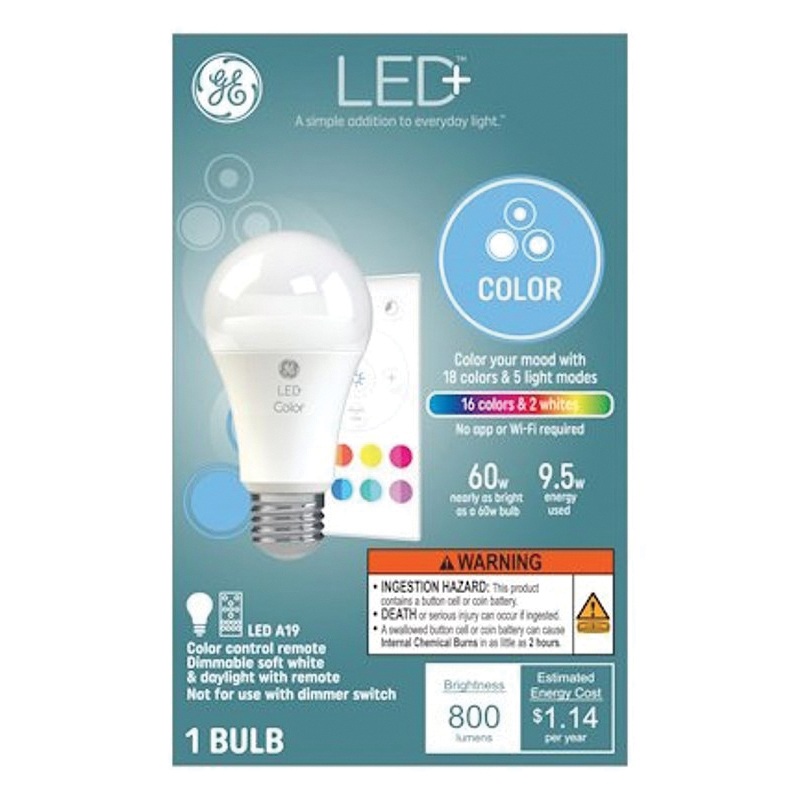 93128968 LED Bulb, A21 Lamp, 60 W Equivalent, E26 Medium Lamp Base, Dimmable, Frosted, Daylight/RGB/Soft Light