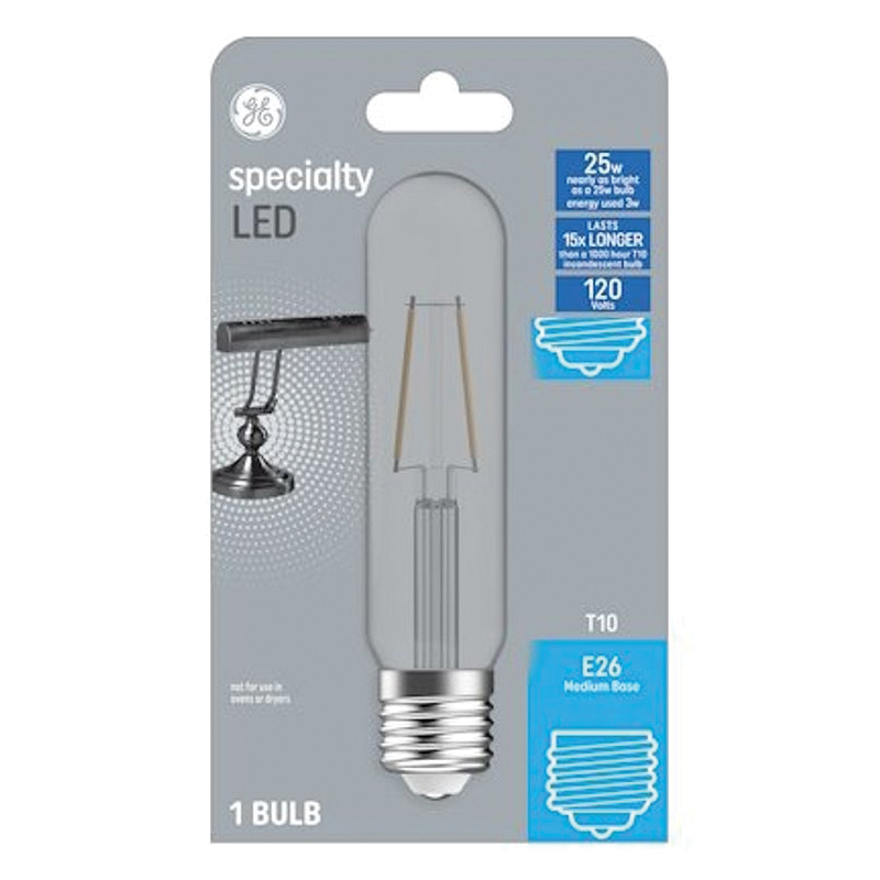 93129002 LED Bulb, T10 Lamp, 25 W Equivalent, E26 Medium Lamp Base, Clear, 3000 K Color Temp
