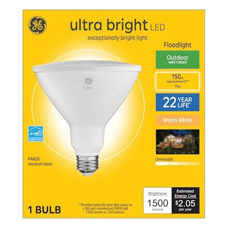 93128005 LED Bulb, PAR38 Lamp, 150 W Equivalent, E26 Medium Lamp Base, Dimmable, 3000 K Color Temp