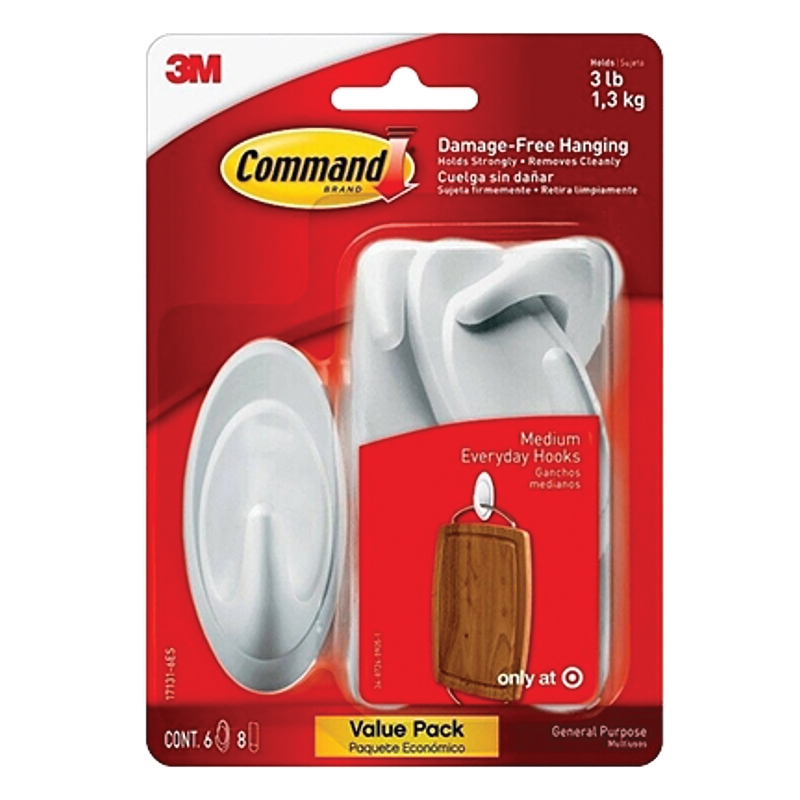 17131-6ES Medium Hook, 3 lb, 1-Hook, Plastic, White