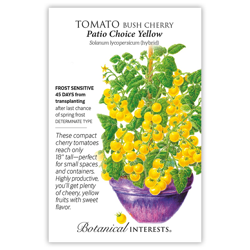 Botanical Interests 0111 Vegetable Seed, Yellow Bush Cherry Tomato, Solanum Lycopersicum, 20 Count Pack